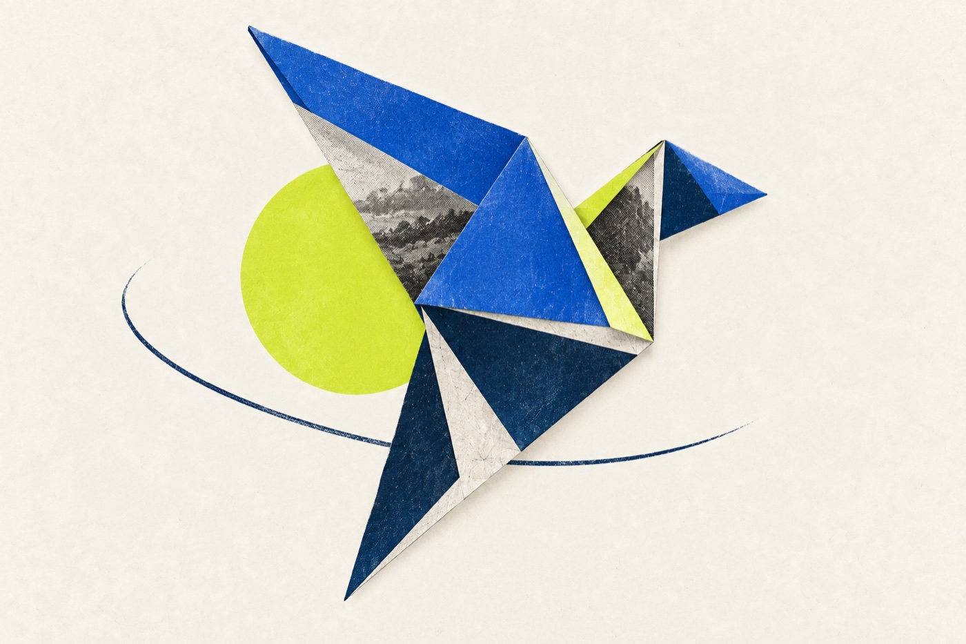 Pássaro de origami em colagem: papel azul, círculo verde-limão e um traço de tinta em arco