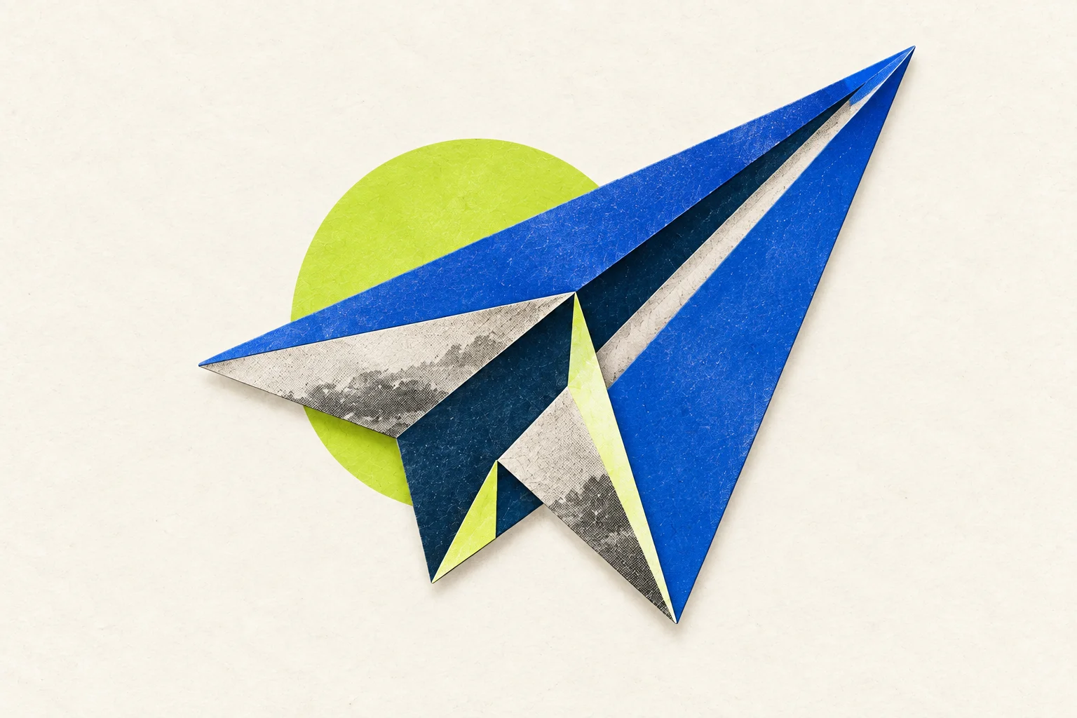 Avião de papel em colagem: papel azul e círculo verde-limão