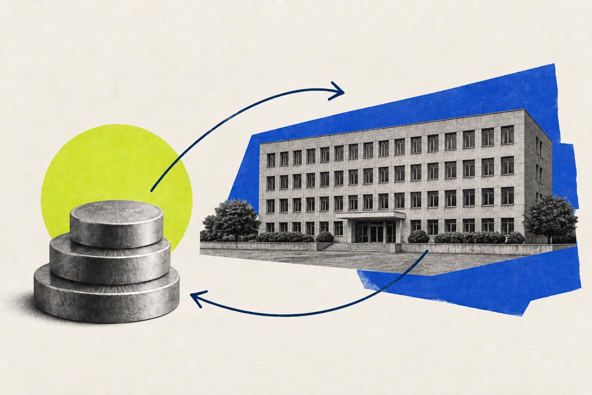 Visão geral: prédio público, moedas e fluxo de recursos em colagem