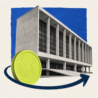 Visão geral: prédio público, moedas e fluxo de recursos em colagem
