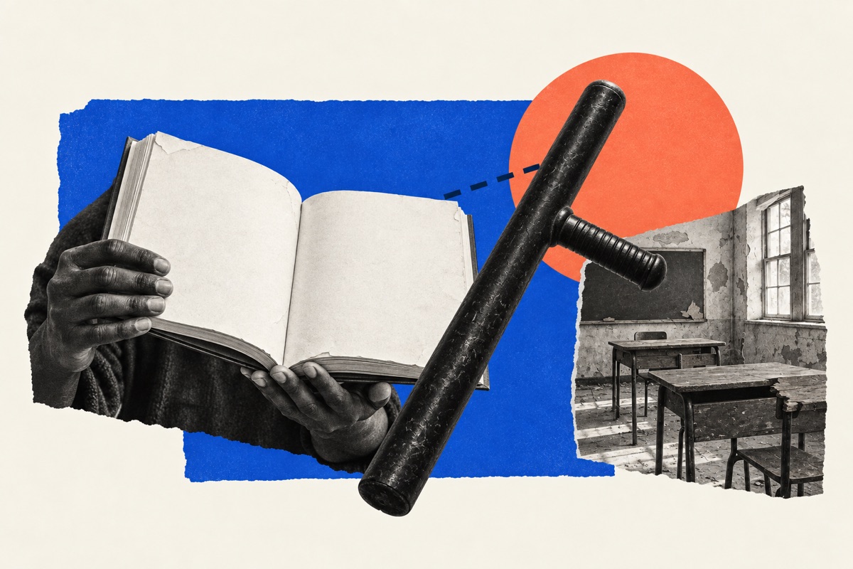 Educação: livro aberto e cassetete sobre sala de aula